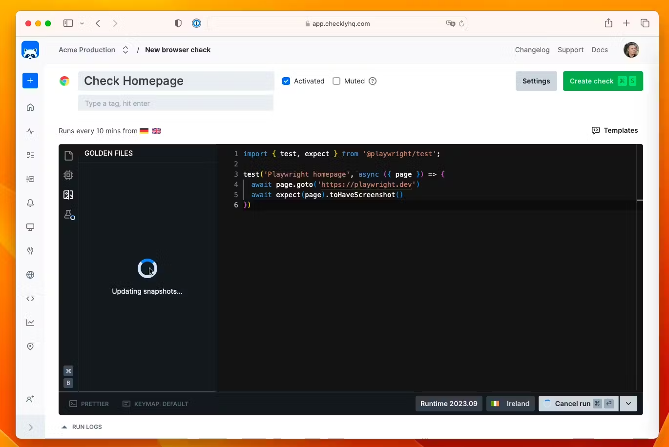 Checkly's UI generating a golden image snapshot