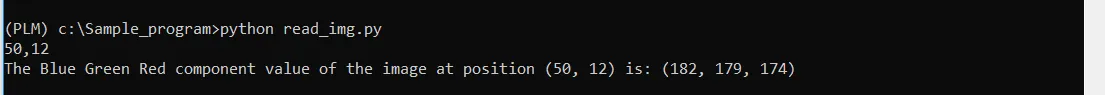 Fig 1.8 The (b,g,r) value of pixel at position (50,12) is (182,179,174)