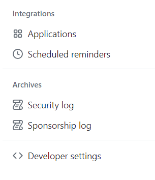 Left nav panel that appears from where you select Developer settings