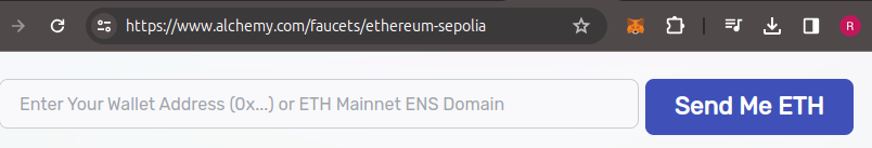 Insert your wallet id here and click on Send Me ETH to receive 0.5 test ETH