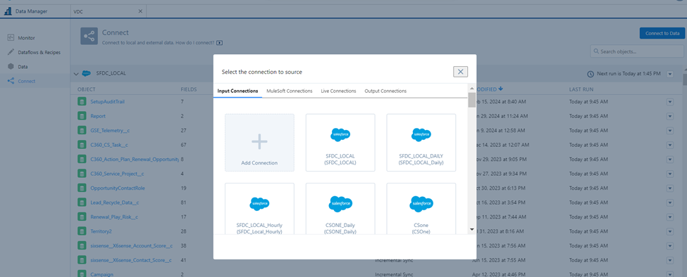 Click on “Connect to Data” from the “Connect” tab and select SFDC Local connection created in previous steps.