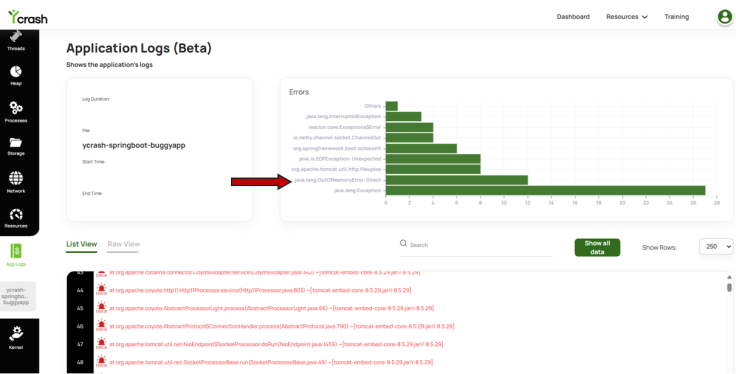 Figure 3: yCrash log report indicating java.lang.OutOfMemoryError: Out of buffer memory