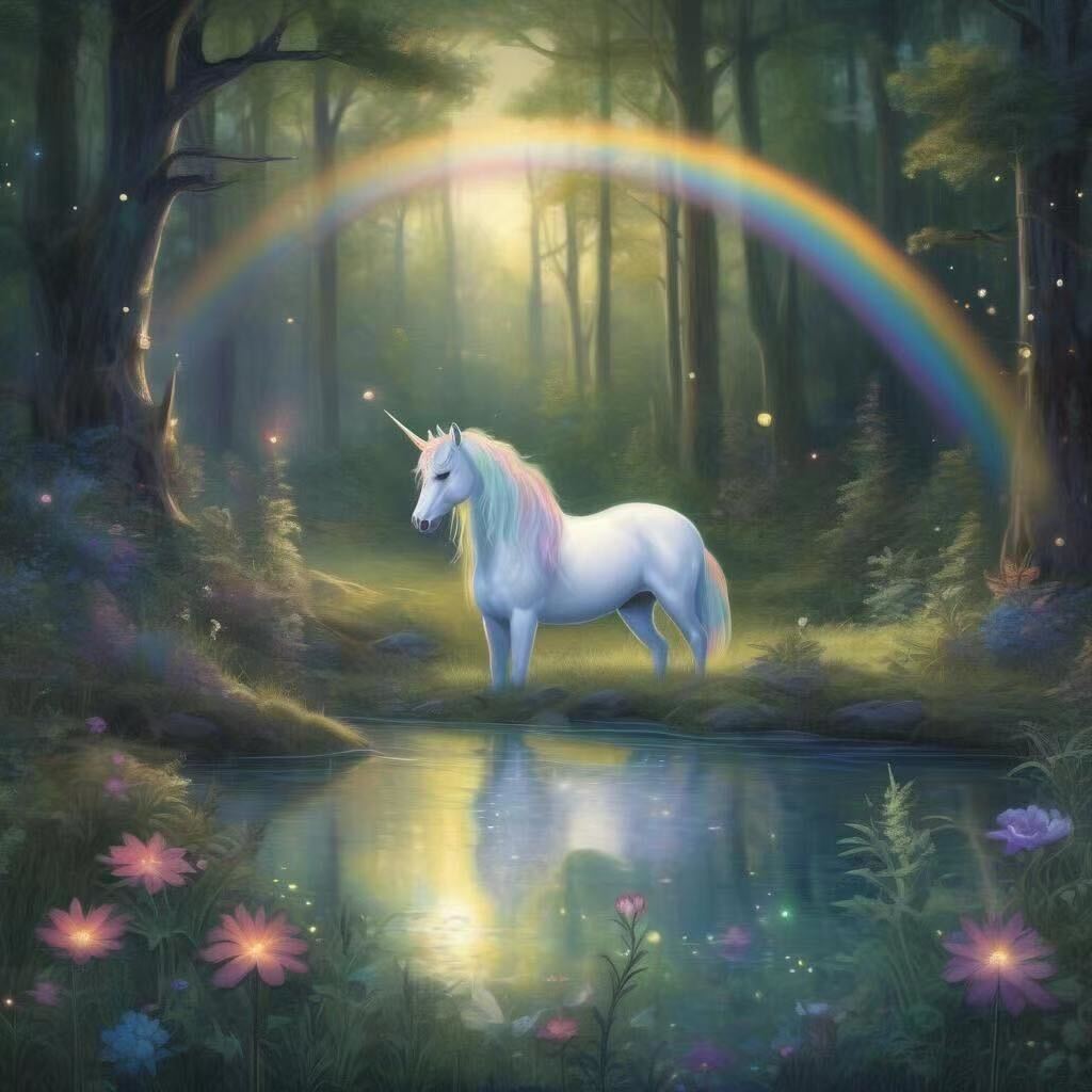 A unicorn in a forest with a rainbow in the background and flowers in the foreground and a pond in the foreground with a rainbow