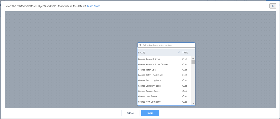 Select the first Local Salesforce Object to be added as a Dataset in the dataflow