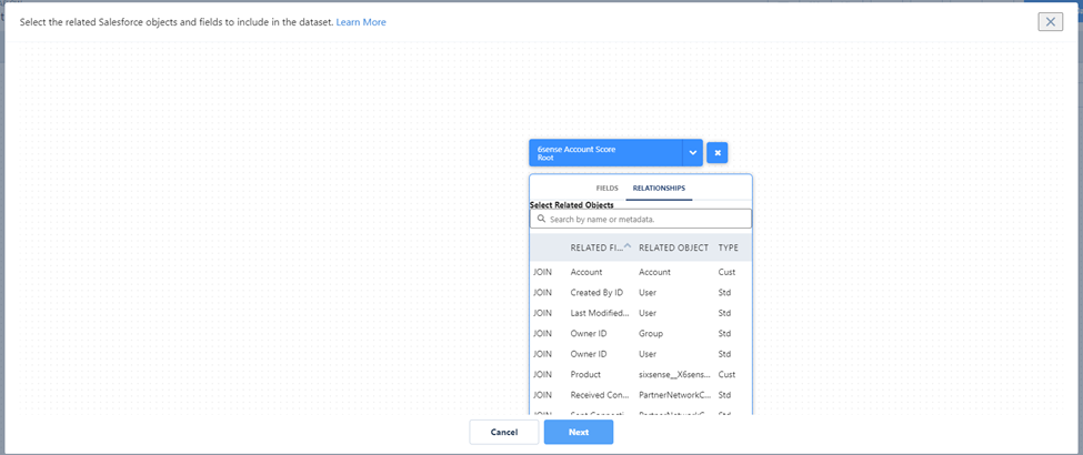 Click on Relationships to create multi object dataset by joining two objects