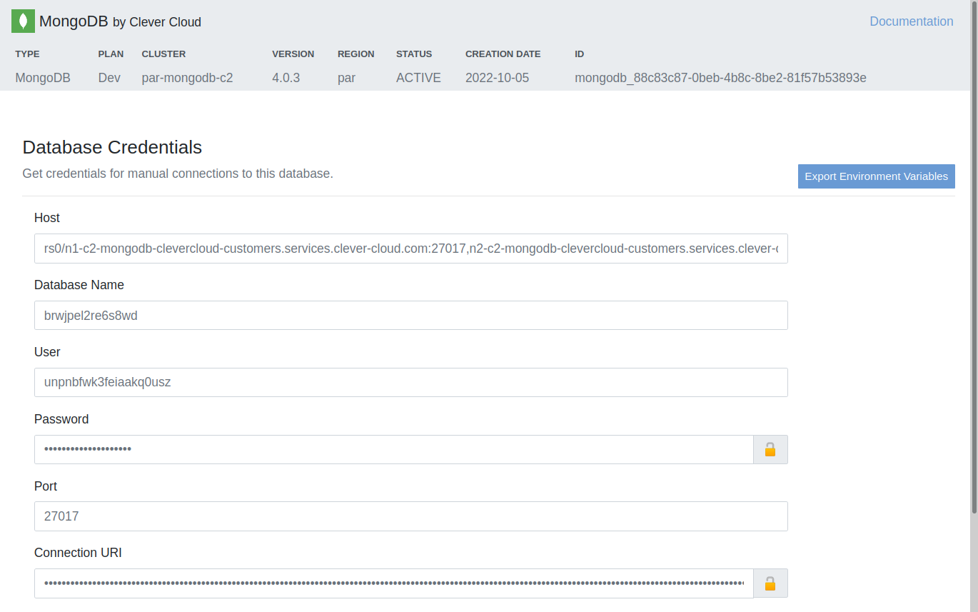 database credentials