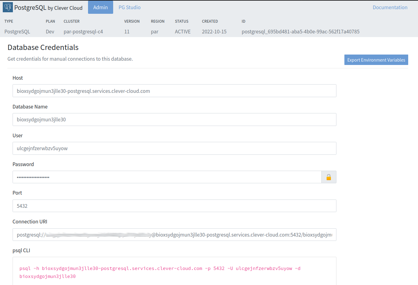 database credentials