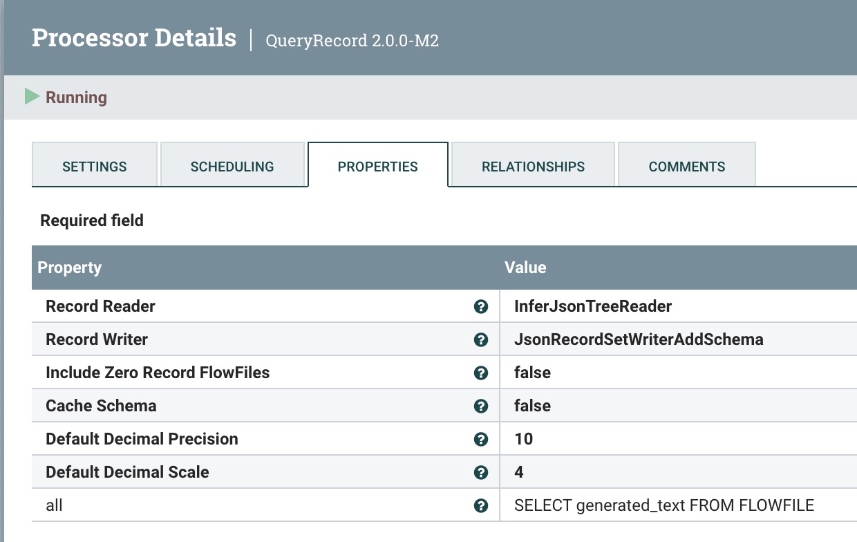 使用 QueryRecord 处理器清理并转换抓取 generated_text 字段的 HuggingFace 结果
