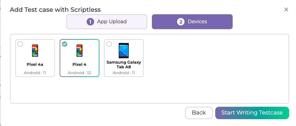 Now select the device with which you want to perform the test and click on Start Writing Test Case.