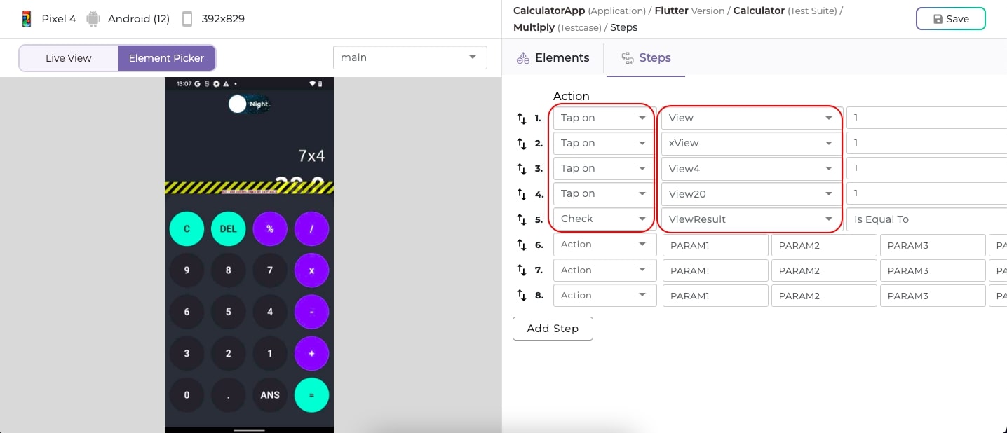 Now, through TestGrid's interactive user interface, select the action and corresponding elements for the test case step