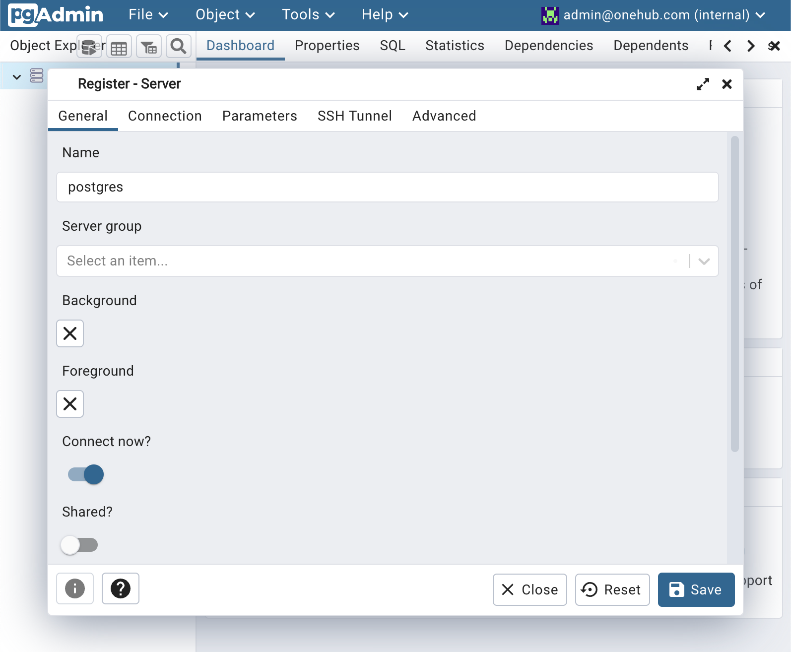 On the left-side Object Explorer panel, (right) click on Servers >> Register >> Server... and give a name to your server ("postgres").