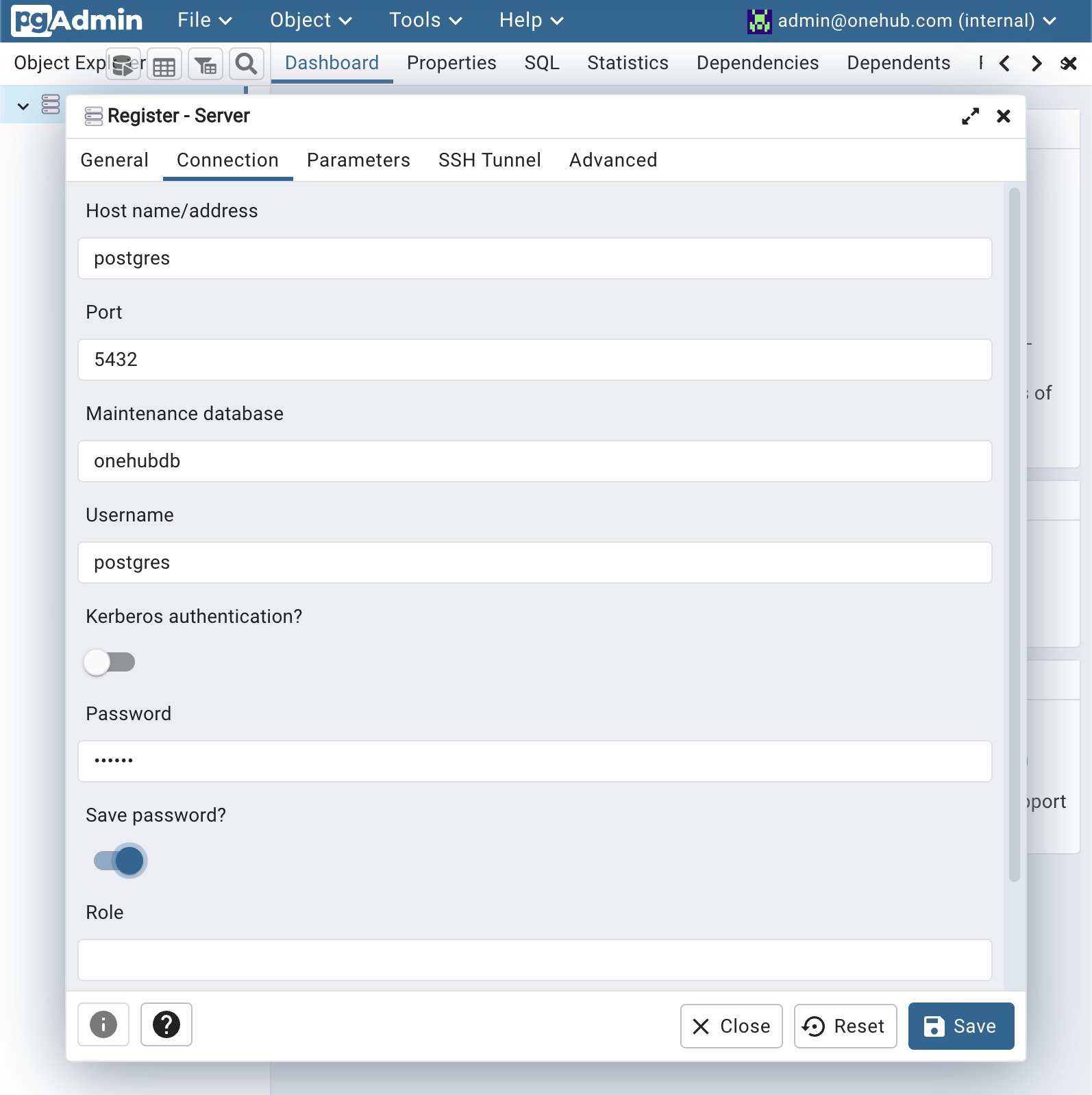 In the Connection tab, use the hostname "postgres" and set the names of the database, username, and password as set in the .env file for the POSTGRES_DB, POSTGRES_USER, and POSTGRES_PASSWORD variables respectively.