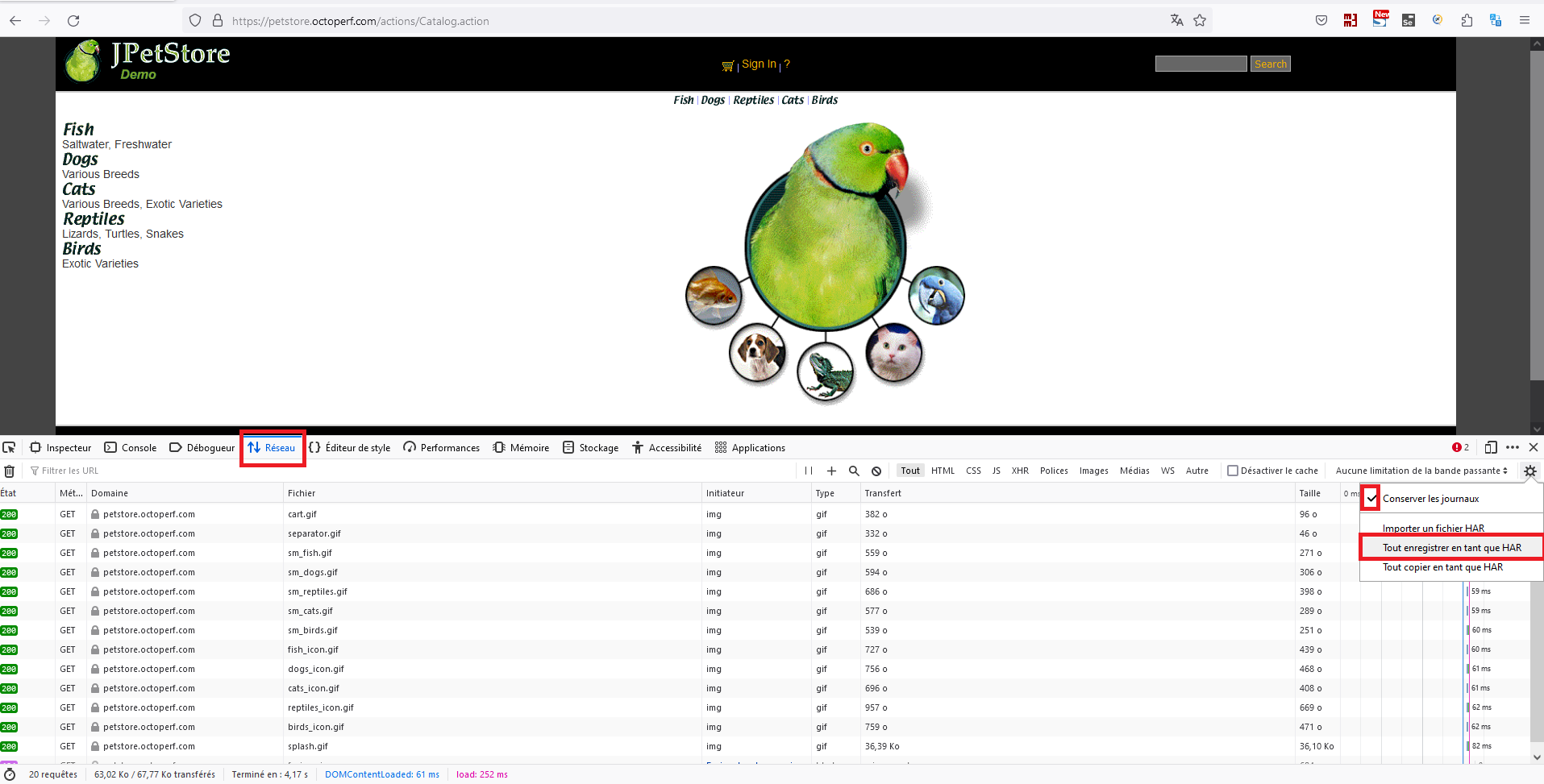 Network and save exchanges in HAR file format  