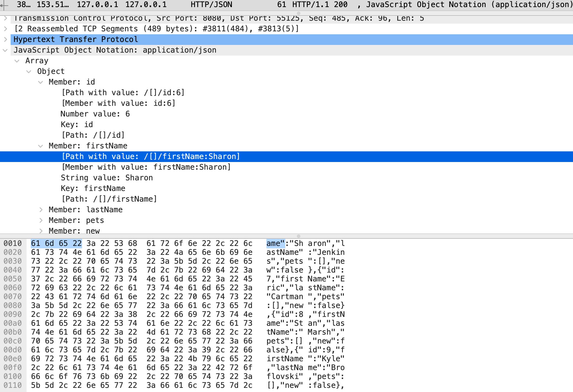 Odpowiedzi HTTP zawierające dane JSON, automatycznie analizowane i wyświetlane w czytelnej strukturze drzewa
