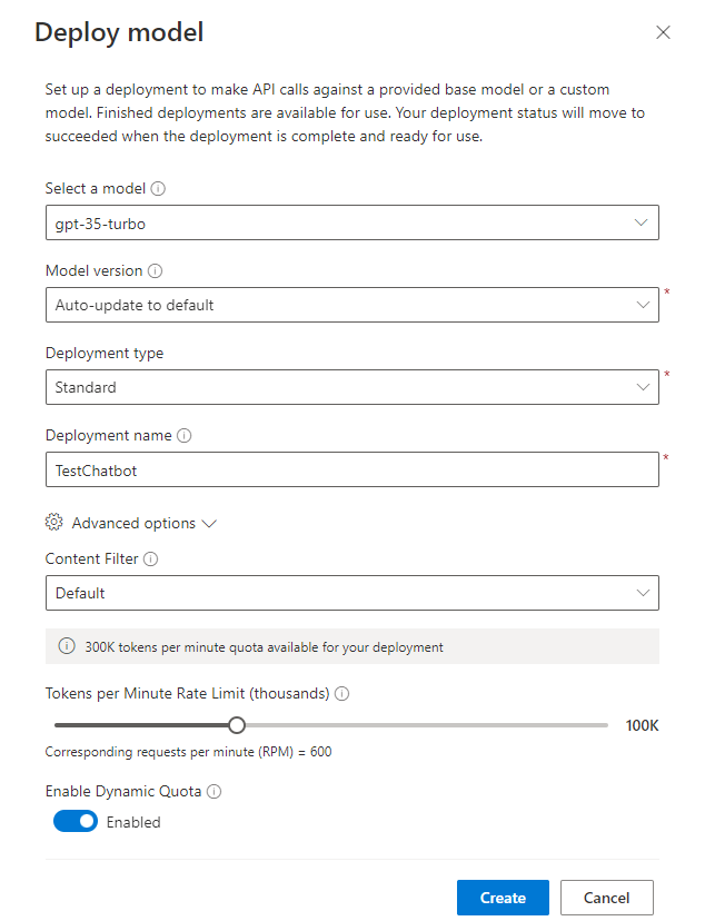 Fill in model details and select Create