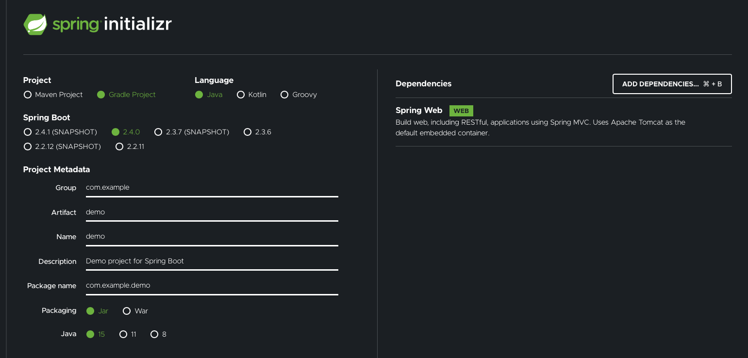 Spring Initializr screenshot