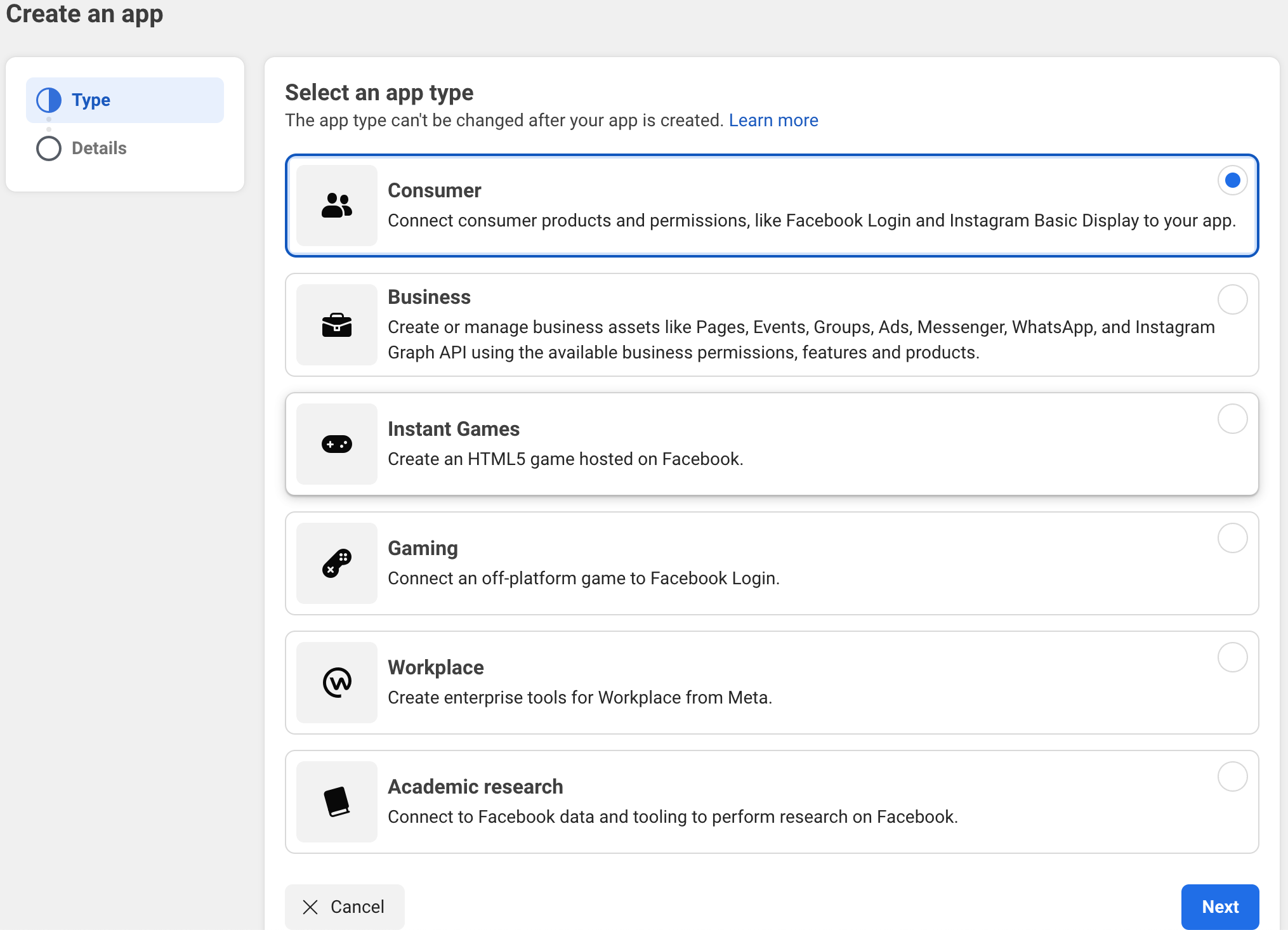 Select a Consumer app type