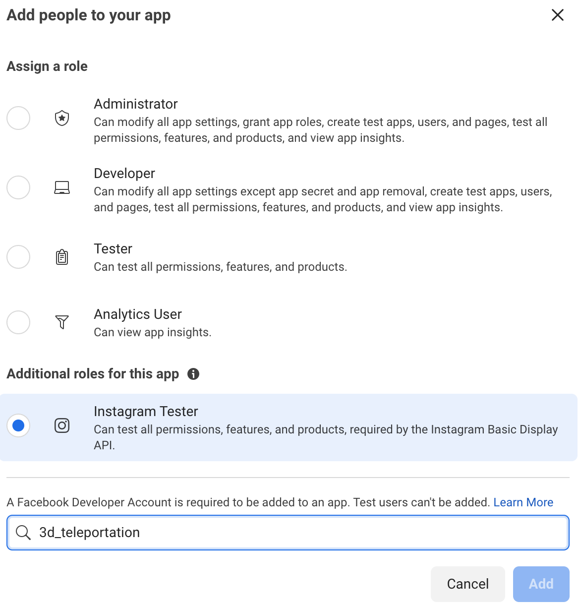 Add Instagram Tester