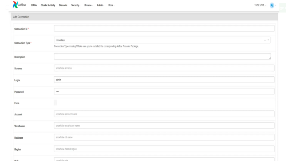 Figure 2: Snowflake account, role, Database, and Warehouse.