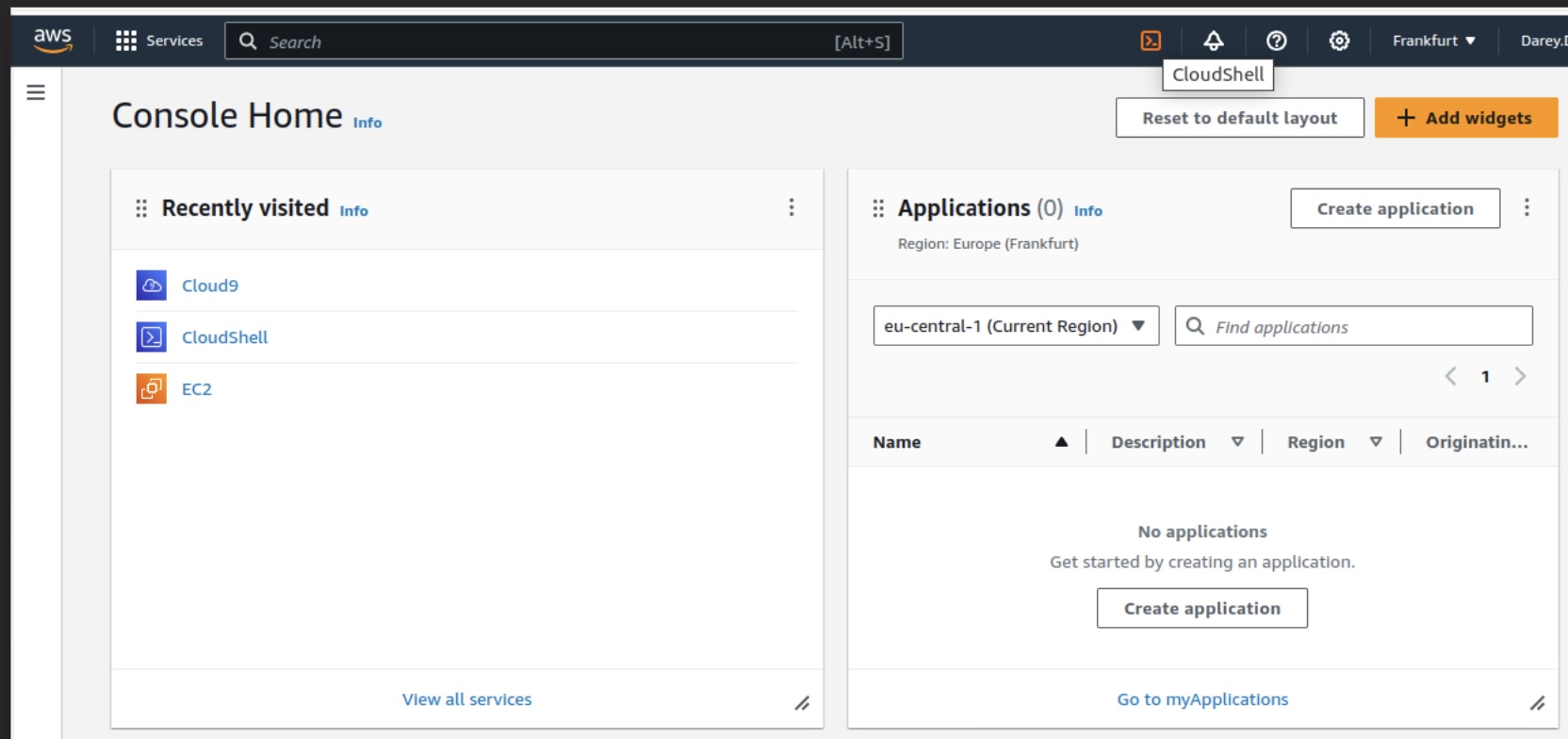 Screenshot of AWS Console home