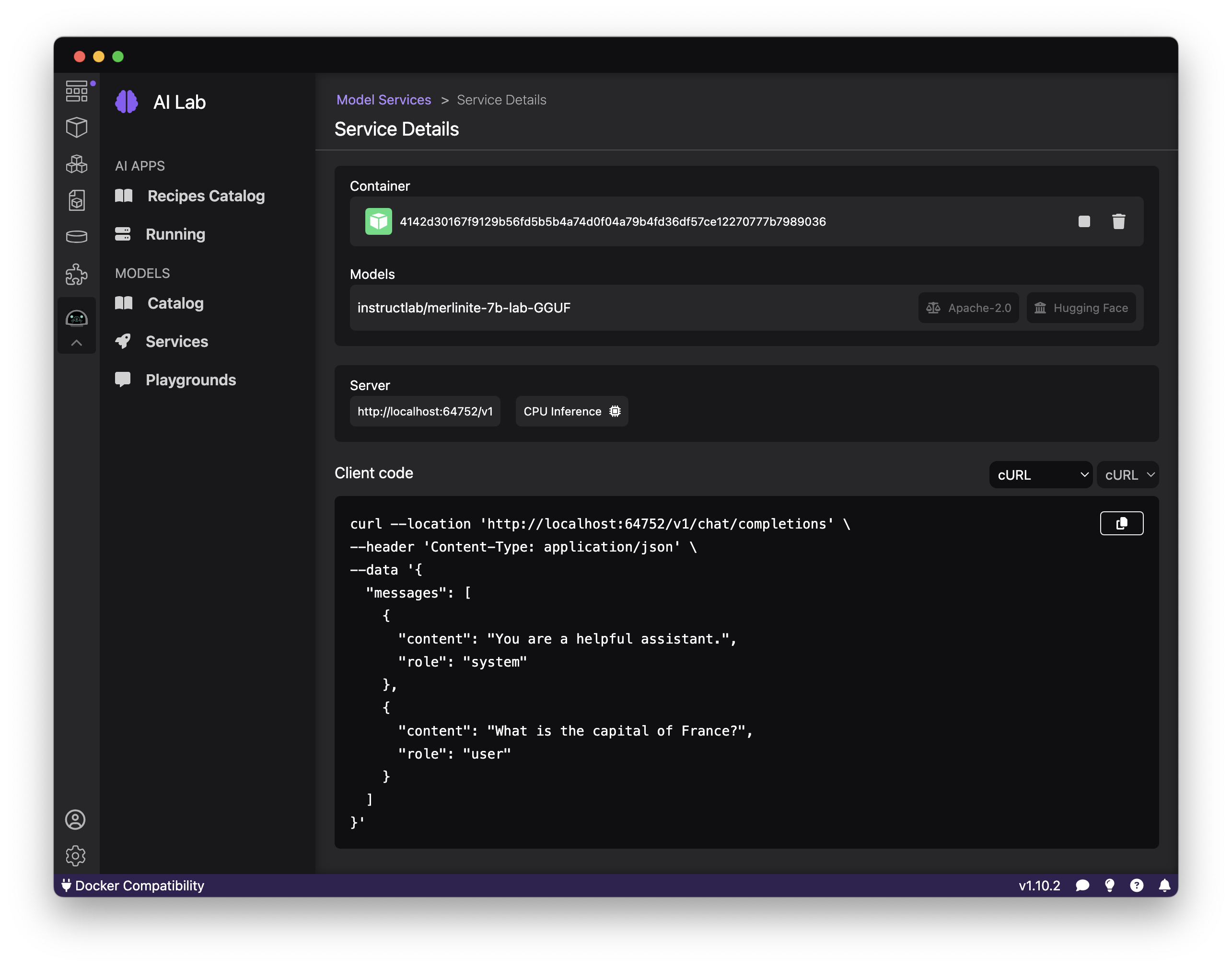 Podman Desktop AI Lab - Service Details