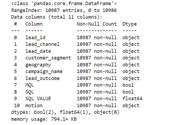 Dataframe showing column name, number of values, and data types