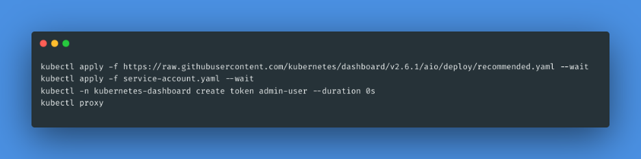 This step deploys the Kubernetes dashboard to the cluster. It applies the required configuration from the official Kubernetes dashboard repository.