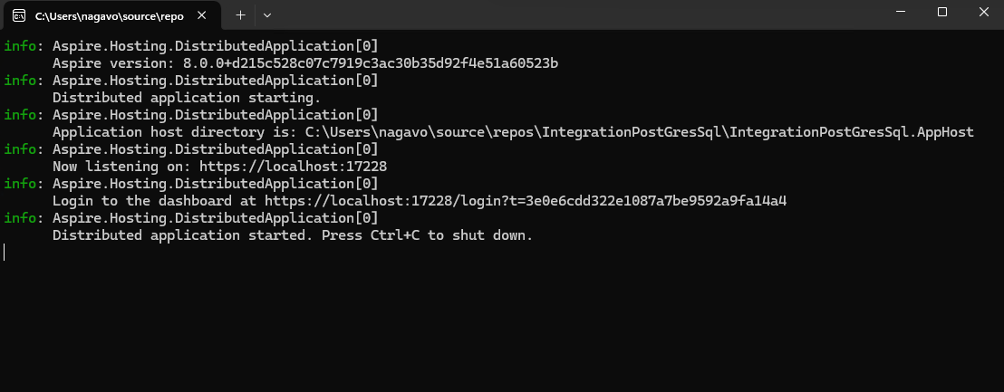 The console window will open with all the logs followed by a browser opening Aspire Dashboard