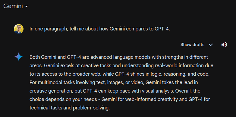 Gemini's comparison of itself to GPT-4
