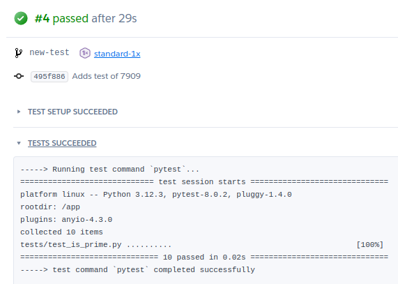 Heroku CI detects the pushed code and automates a new run of the test suite. 