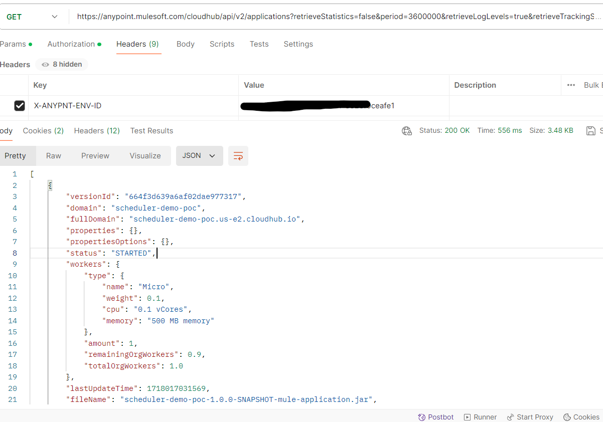 Call endpoint to get the list of applications from the environment selected in Step 5