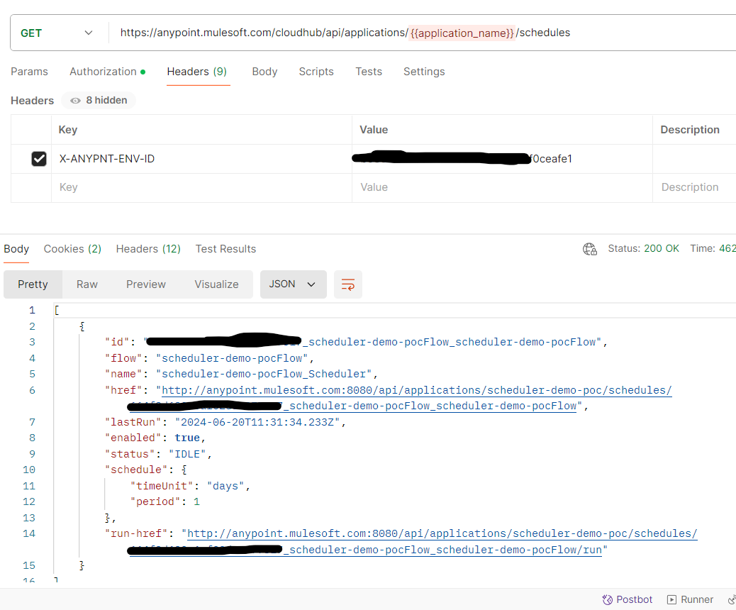 Endpoint of CloudHub API to call to get the list of schedulers for the application and environment selected and stored in variables