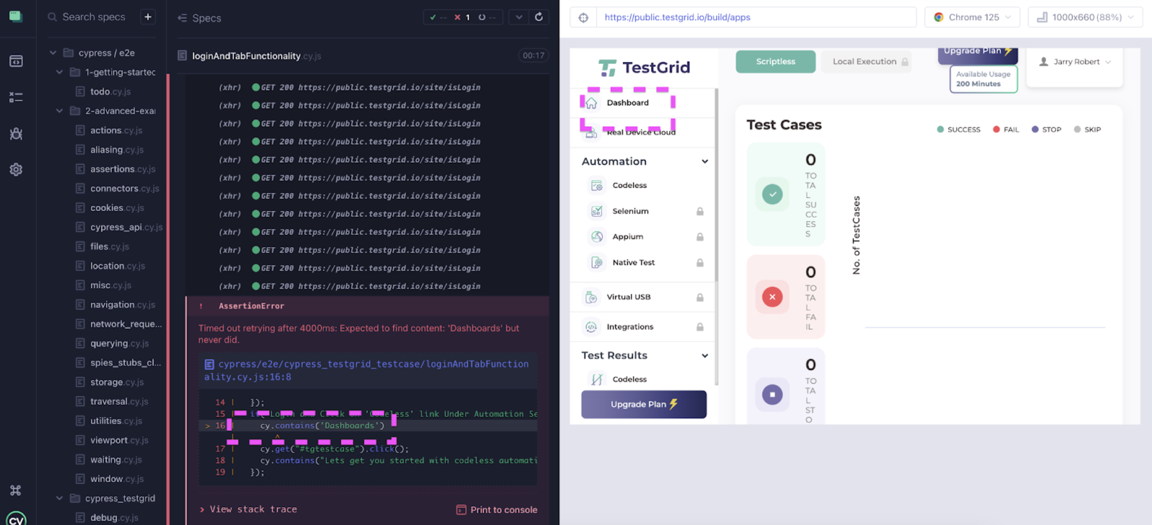 Screenshot: left panel displays each command executed step-by-step, while the right side shows the corresponding outcomes