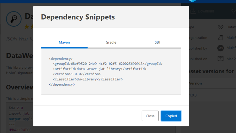 Copy the dependency snippet from the Exchange