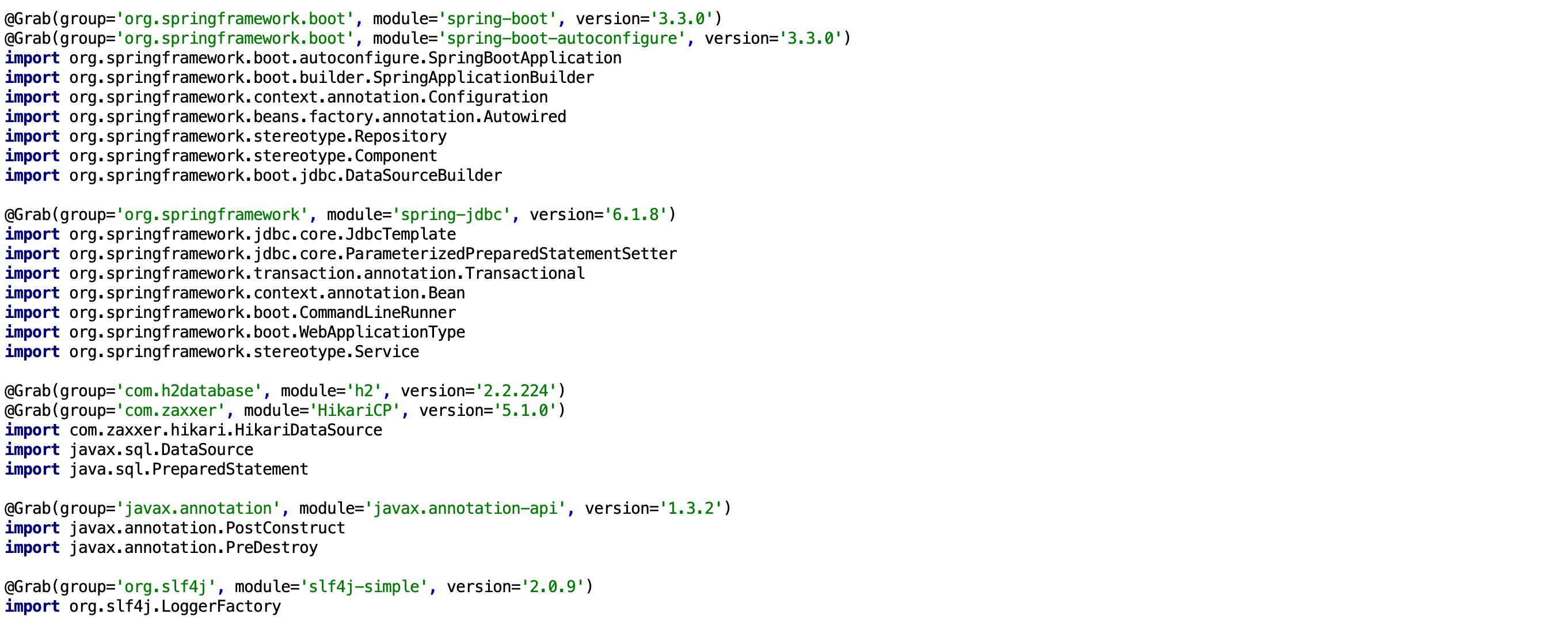 Step Three: Grab dependencies and import classes, including the H2 Database, Spring Boot, and other required frameworks.