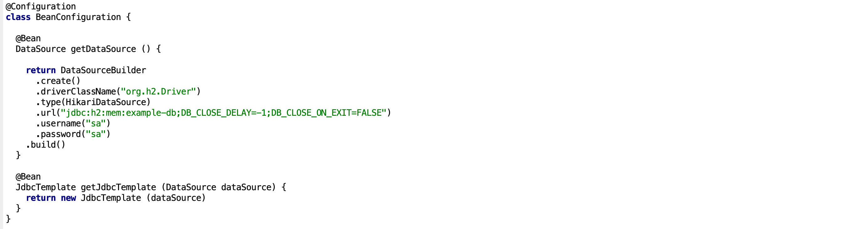 A configuration class for Spring Boot application defining two beans: a DataSource bean using H2 in-memory database with HikariCP connection pool, and a JdbcTemplate bean for database operations.