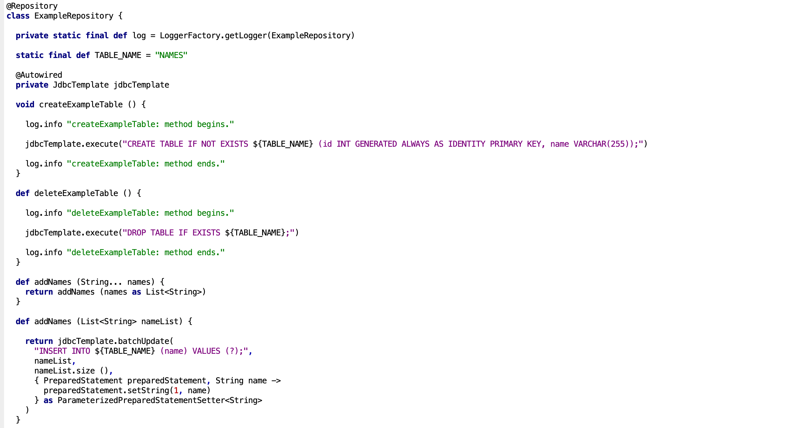 Spring repository class for managing an H2 database table with methods to create, delete, add, update, and read (CRUD) records using the JdbcTemplate bean.