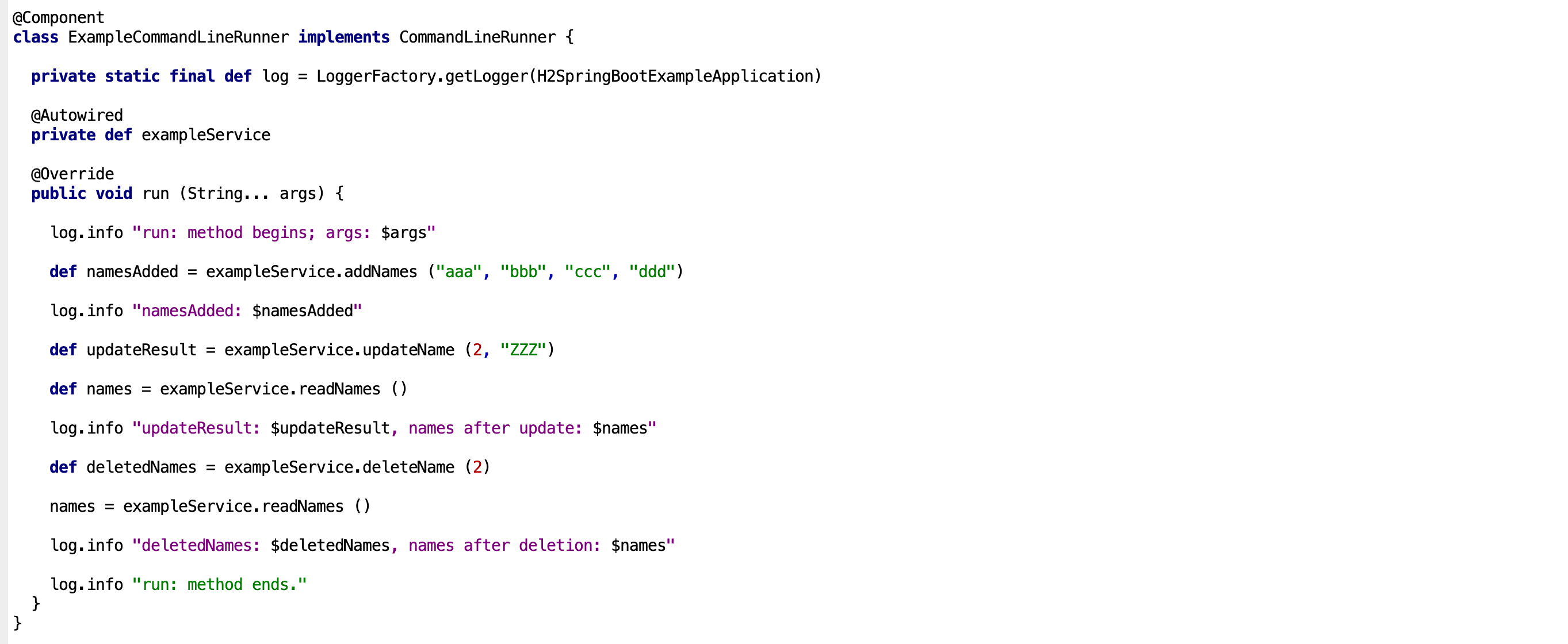 Spring component class that runs on application startup, performing database operations through the ExampleService and logging the results.