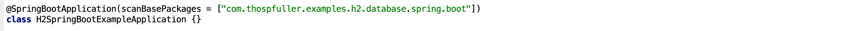 Spring Boot and H2 database integration example application class with component scanning configured for a specific package.