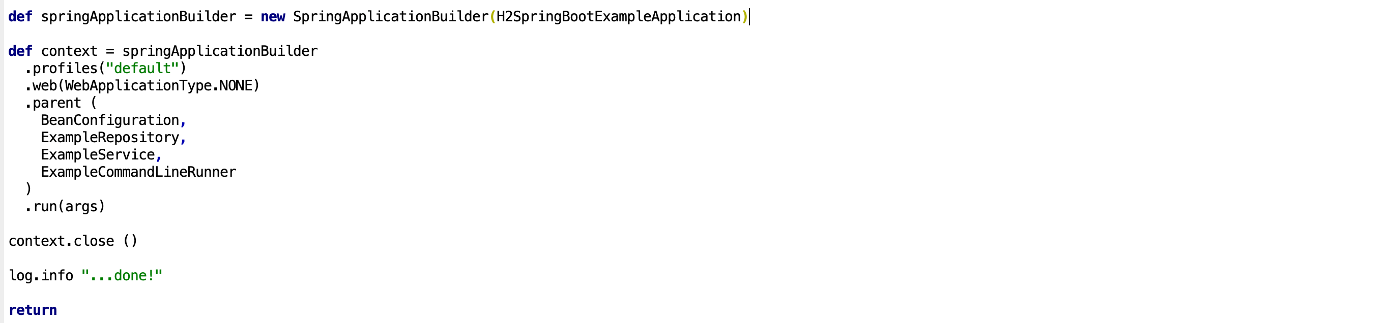 Configure and run a Spring Boot application with a specific profile and components, then close the context and log completion.