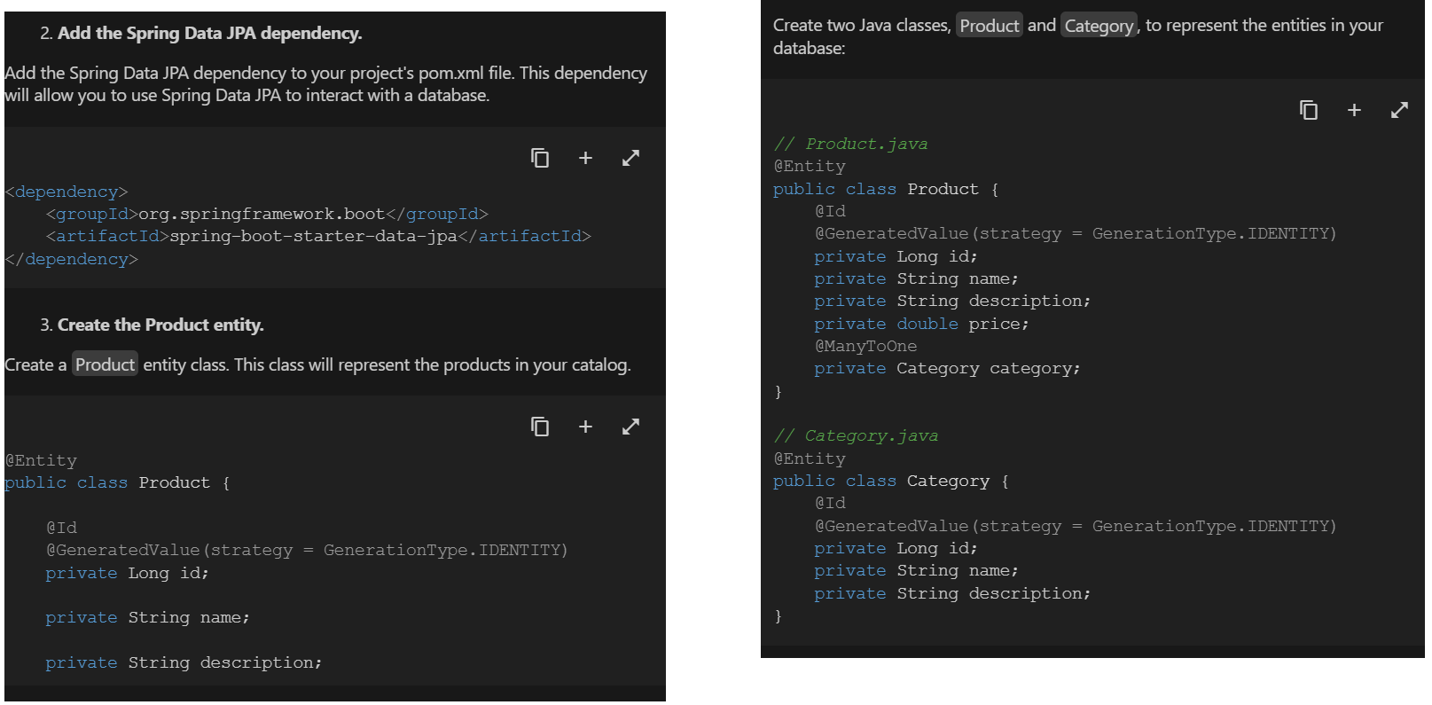 Add dependency for JPA, and define Product and Category entities