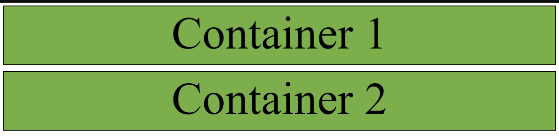 Green output that says "Container 1," "Container 2"