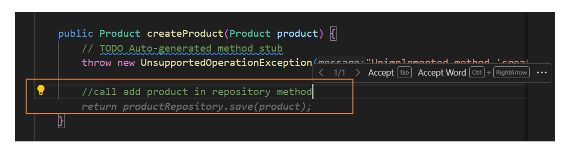 Generate a method to save the product by specifying comments at the service layer