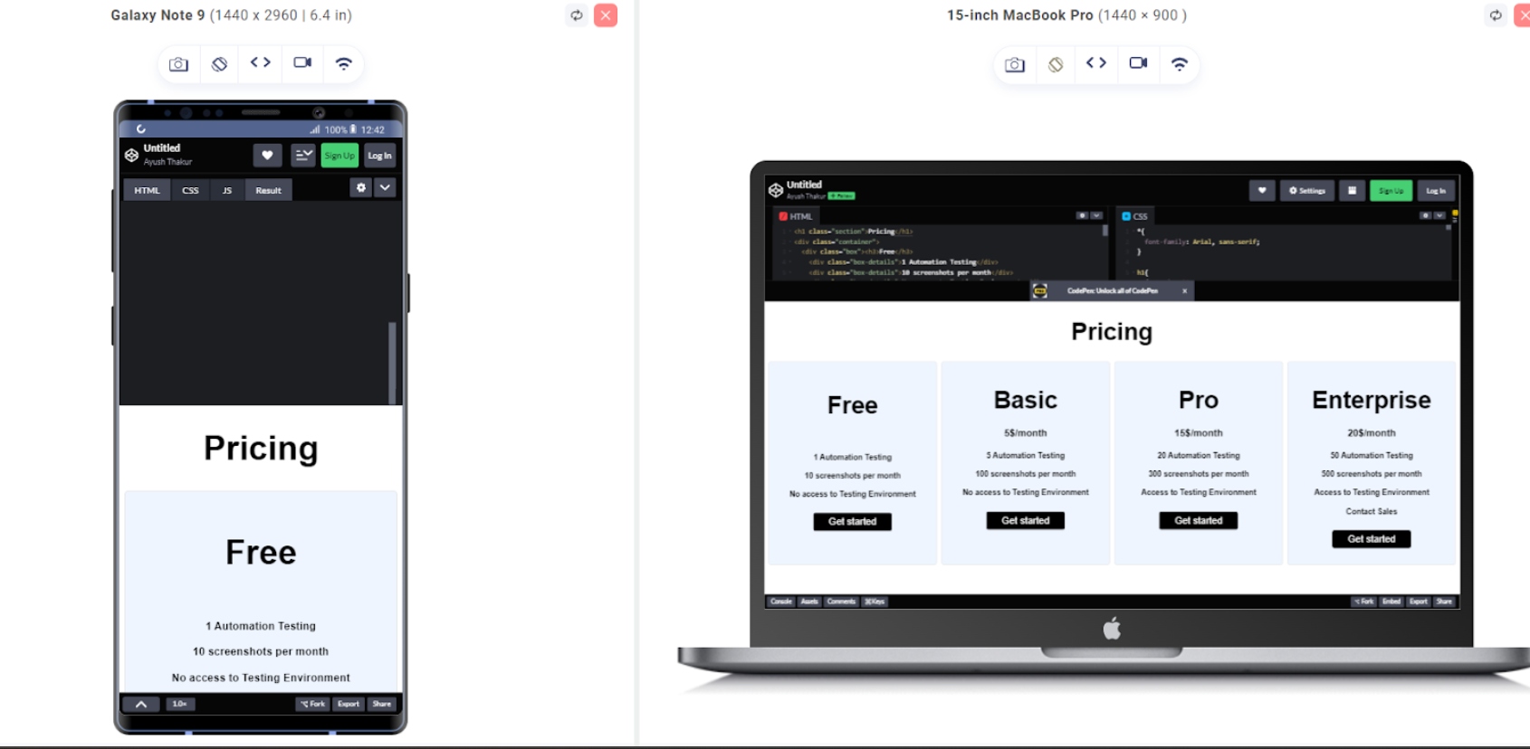 Browser preview: Galaxy Note 9 and 15-inch MacBook Pro