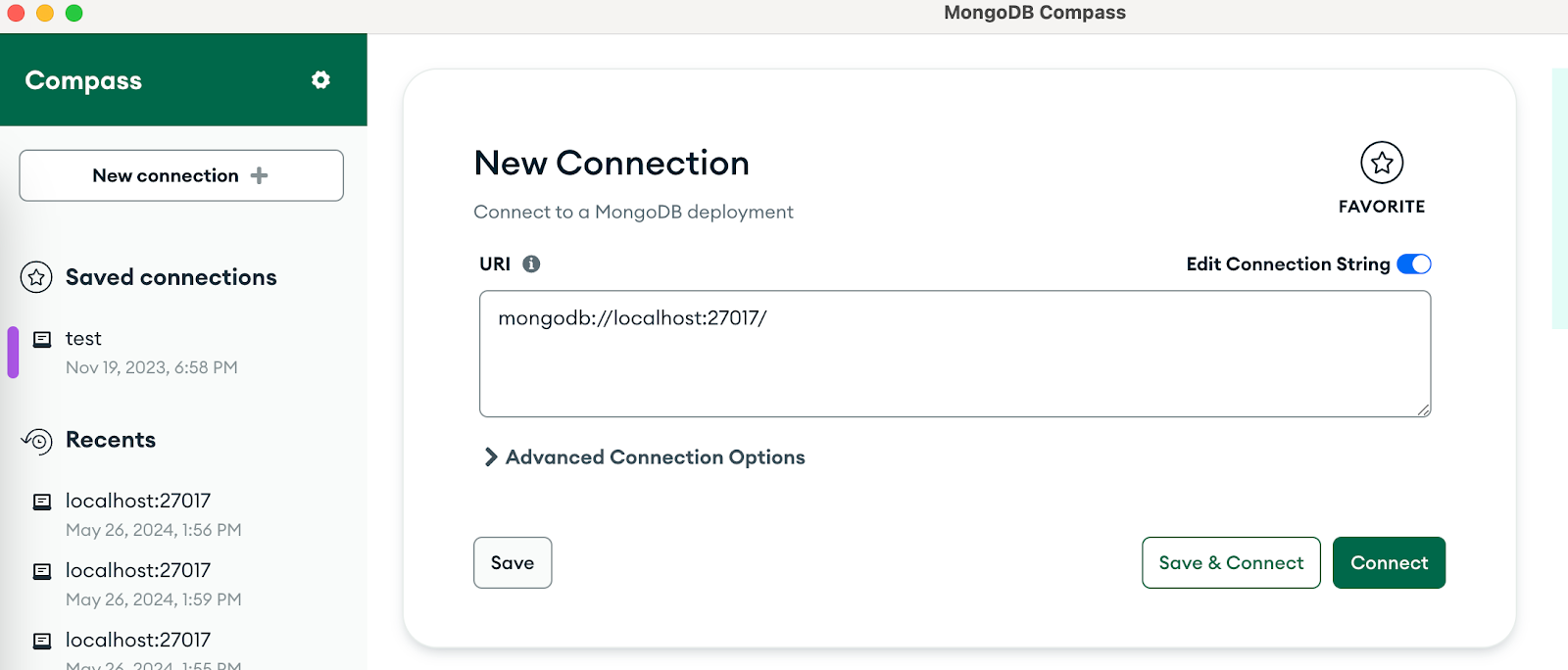 MongoDB Compass: New connection screen