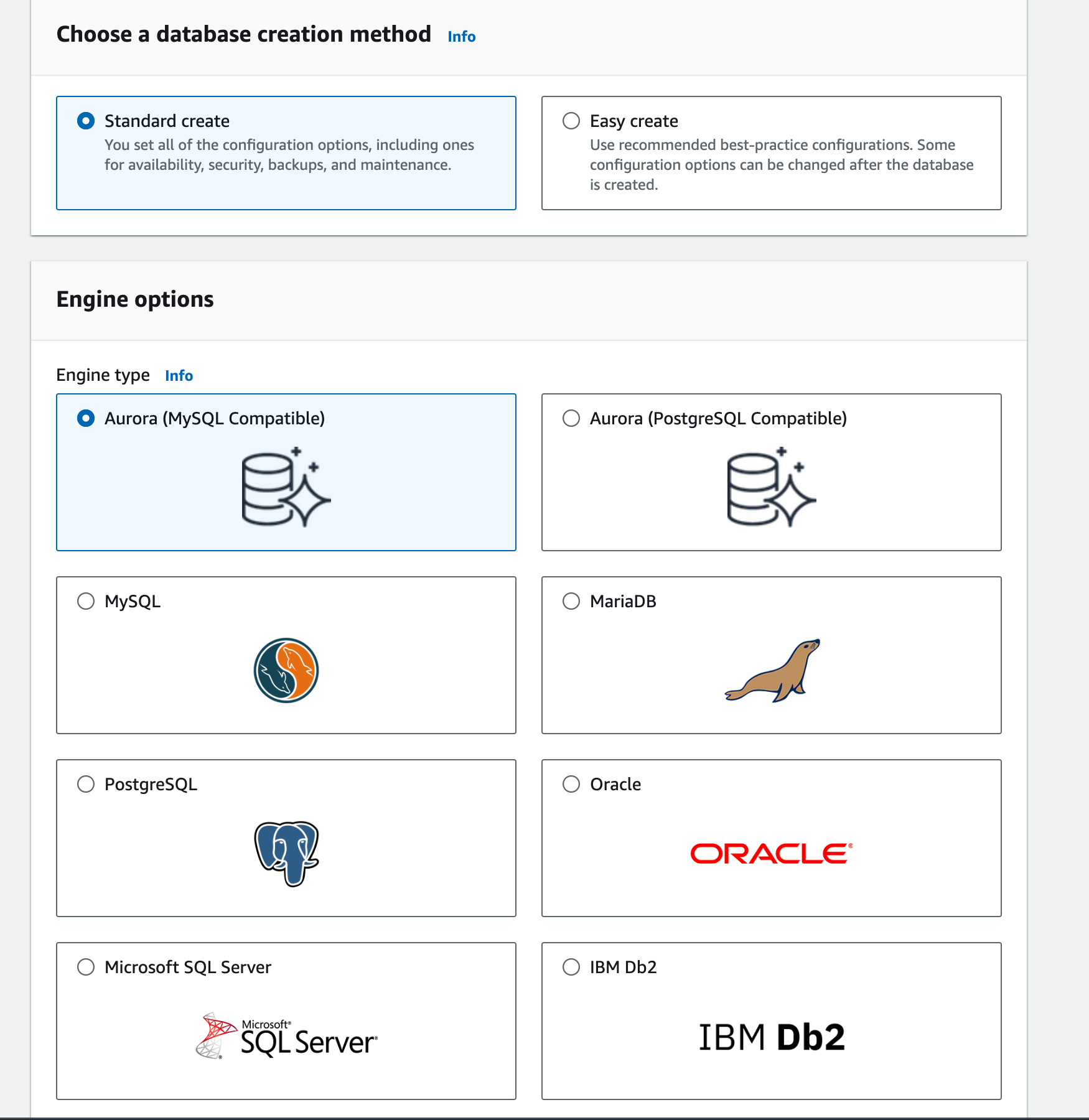 Choose the Standard to create an Aurora (MySQL)