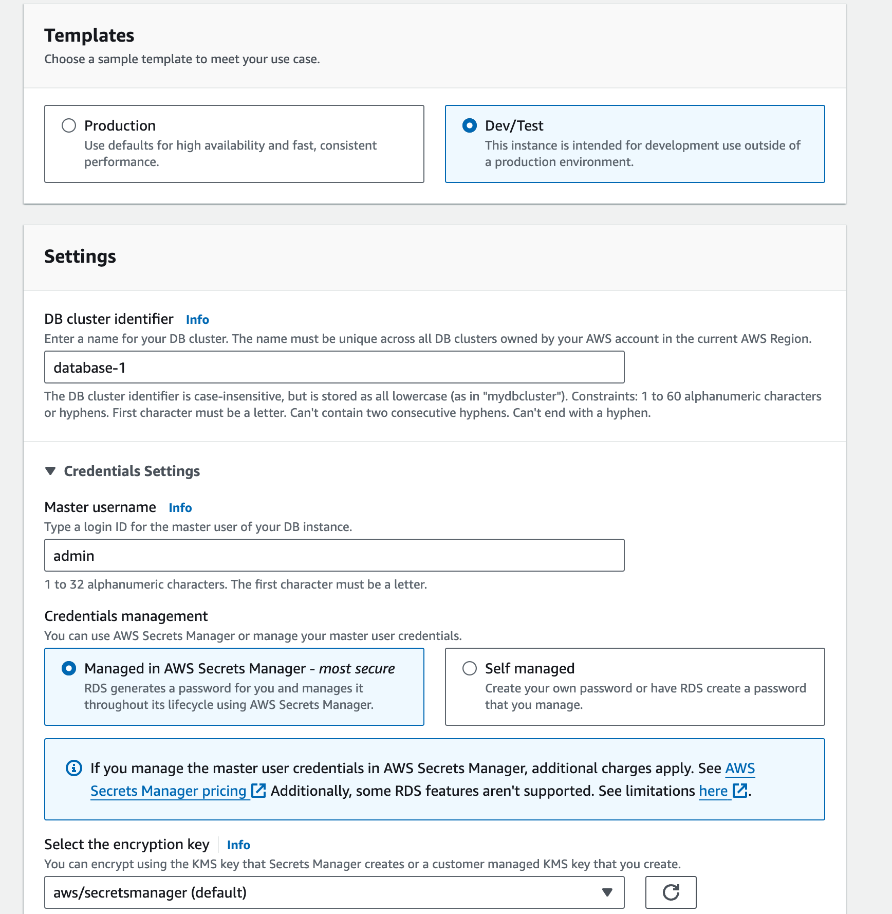 Choose a template, creds, and DB name settings.