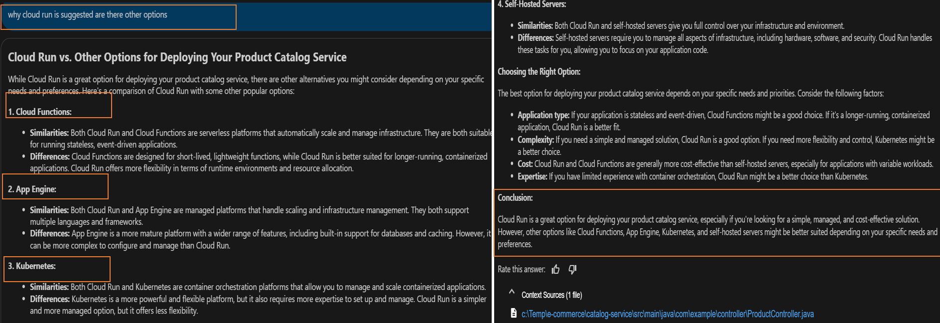 Gemini Code Assist compares Cloud Run with other available options 