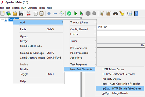 Simple Table Server is located in the "Non-Test Elements" menu