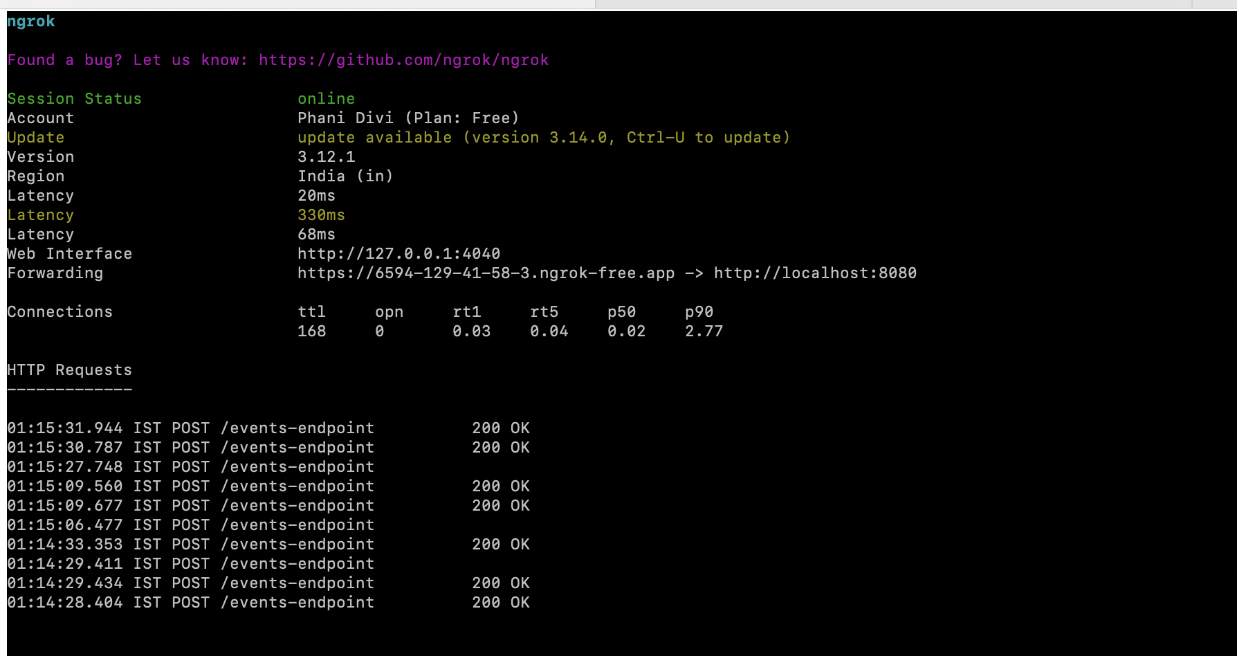 ngrok terminal output.